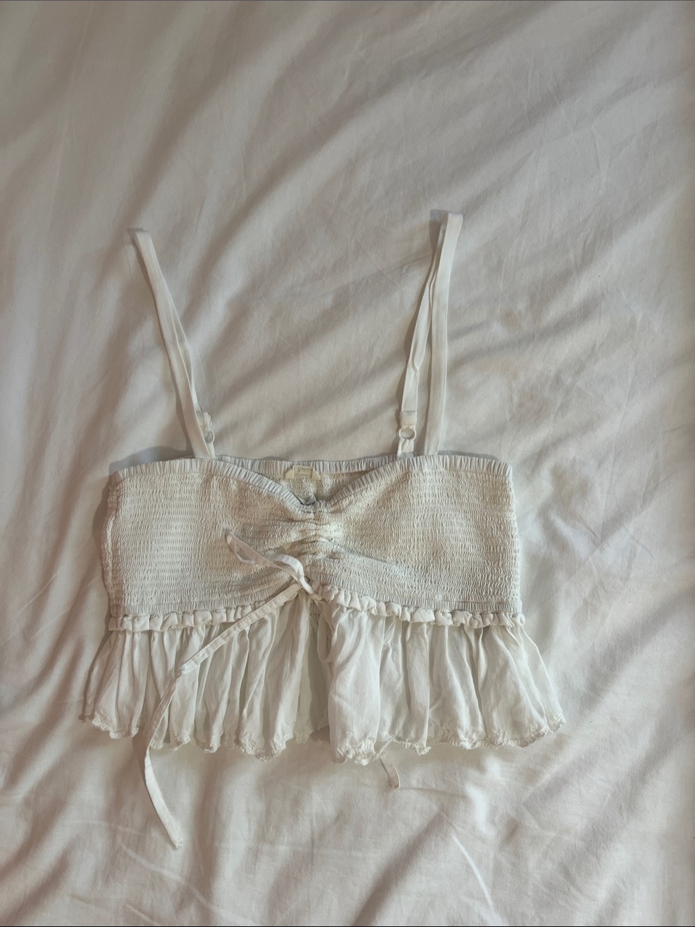 Wilfred White Smocked Ruffled Crop Top